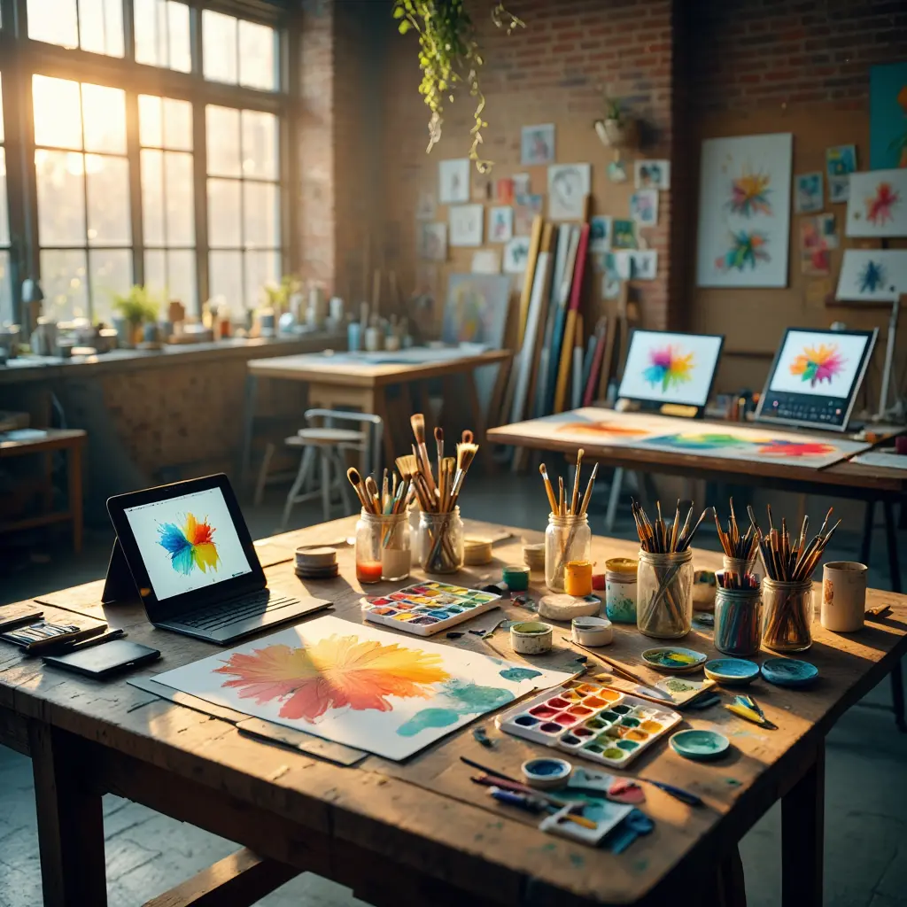 Creative workshop studio space with tablets and art supplies